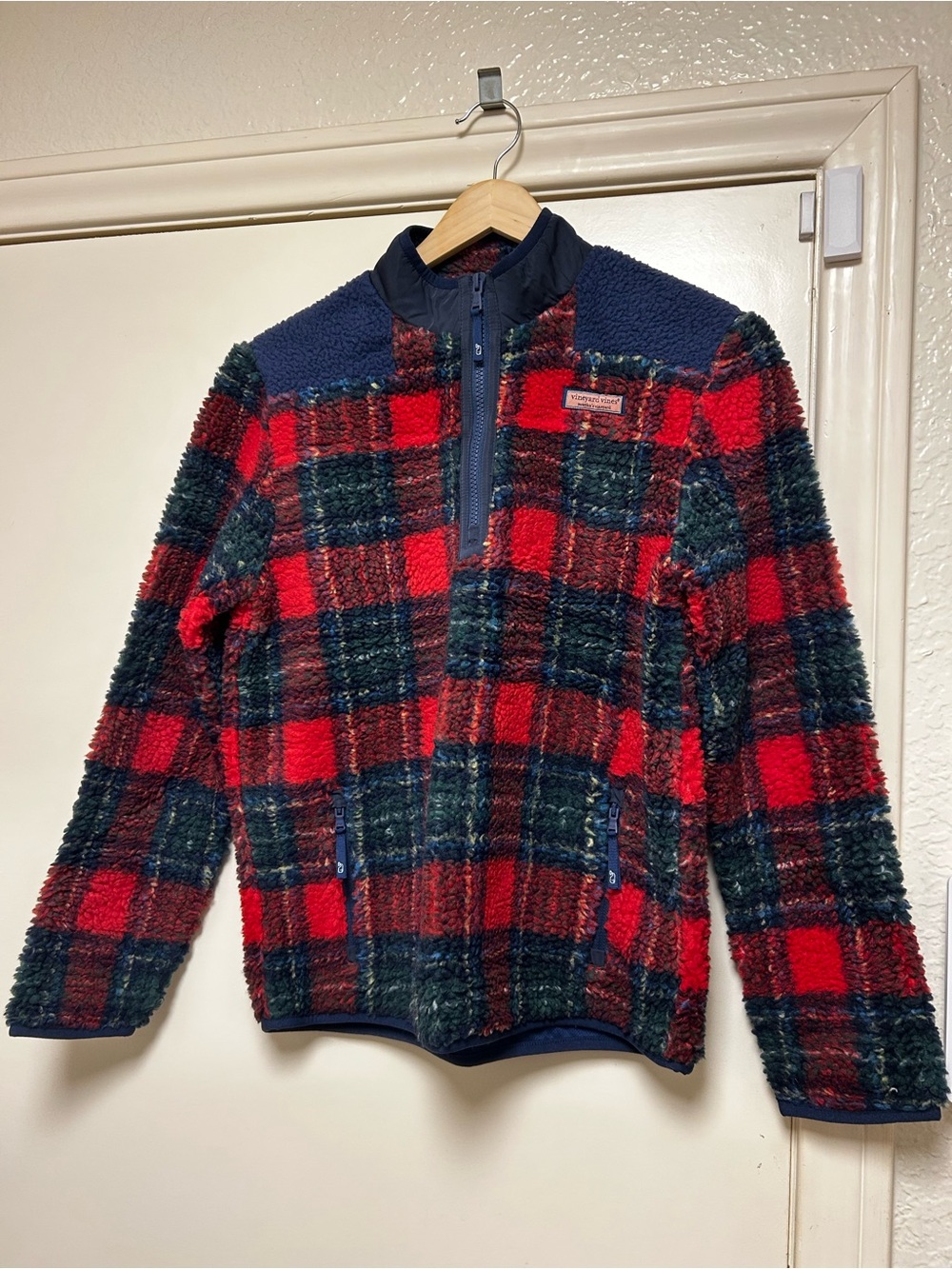 Vineyard Vines Red & Green Plaid Sherpa Half-Zip Jacket